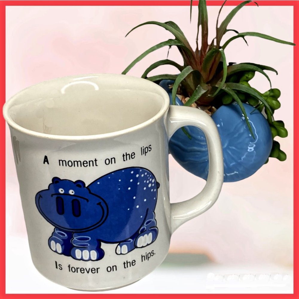 Vintage Humor Hippo Mug "A Moment On The Lips Is Forever On The Hips" 1985 LK NW